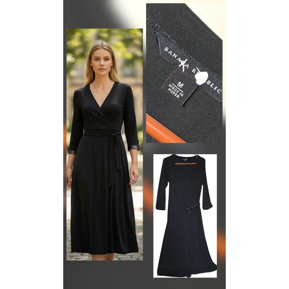 Banana Republic Black Faux Wrap Dress Size Med M Lamb Leather Trim Midi